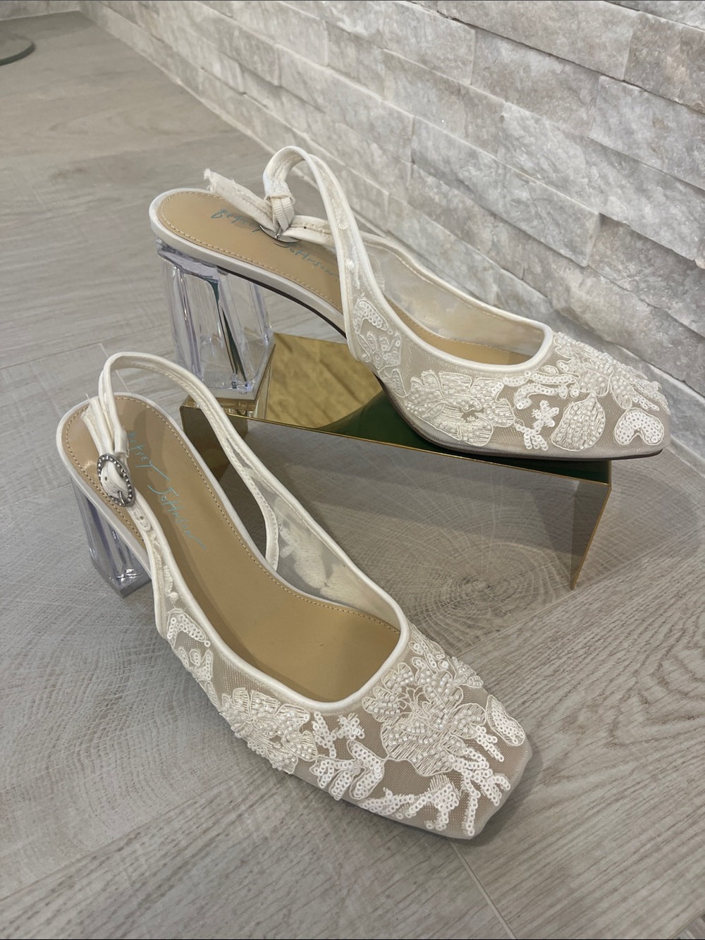 Betsey Johnson White Lace Slingback Heels with Clear Block Heel